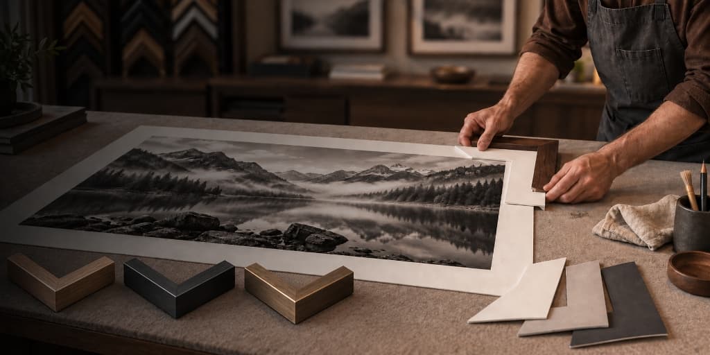 Mesa de ateliê da Panorama Molduras com obra de arte Fine Art e molduras sob medida