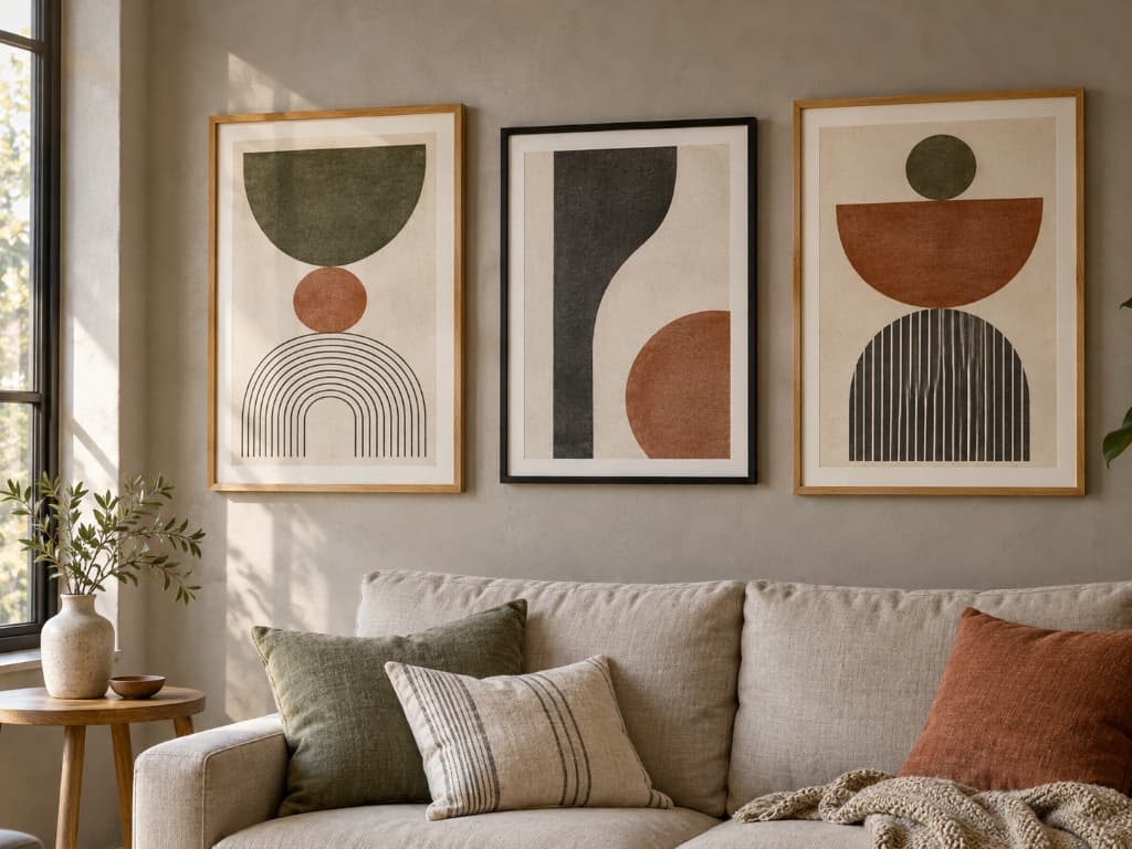 Composição de quadros decorativos geométricos e botânicos na parede da sala